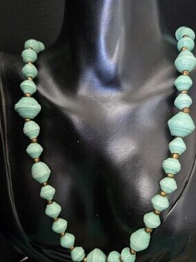 Paper Bead Strand Necklace - Aqua Green Statement Necklace